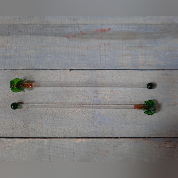 Vintage Hand Blown Art Glass Swizzle Stir Sticks Palm Trees Set of 2 - Picture 2 of 14
